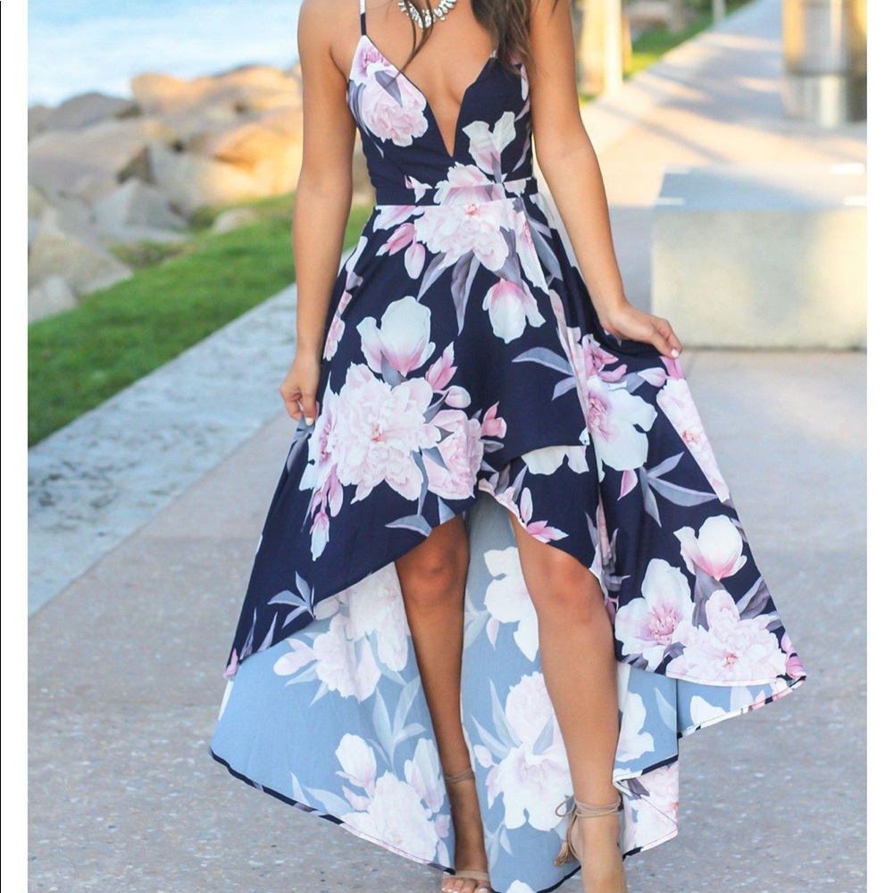 Navy & Pink floral High Low dress.